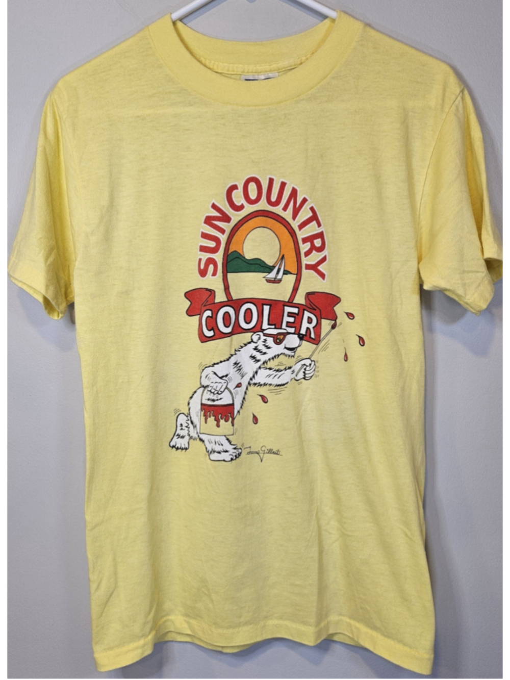 Vintage 80s Sun Country Cooler Polar Bear T Shirt USA Made Yellow Large